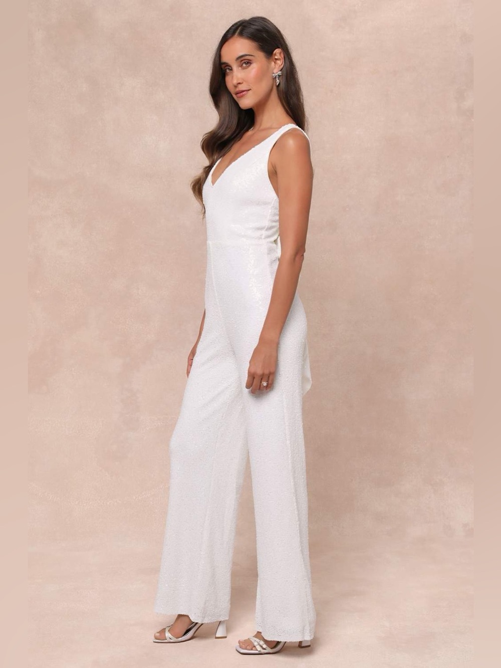 Lulu's Feeling Sparkly White V-Neck Wide-Leg Jumpsuit